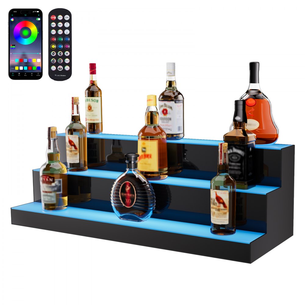 VEVOR LED Lighted Liquor Bottle Display, 3 Tiers 30 Inch Commercial Illuminated Home Bar Shelf, 3 Steps Whiskey Rack