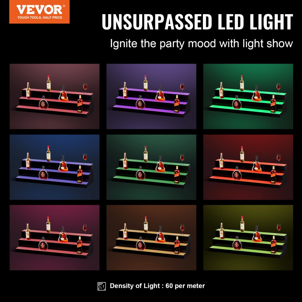 VEVOR LED Lighted Liquor Bottle Display, 3 Tiers 40 Inch Commercial Illuminated Home Bar Shelf, 3 Steps Whiskey Rack