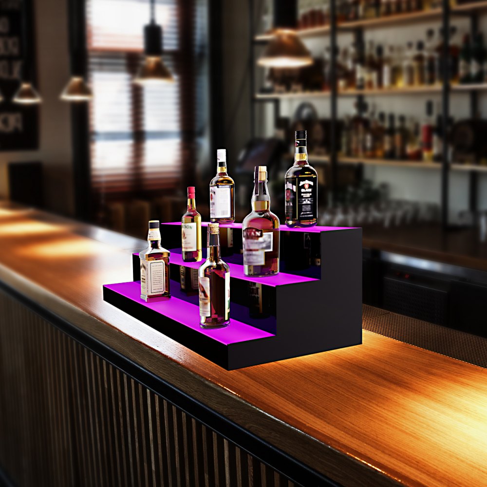 VEVOR LED Lighted Liquor Bottle Display, 3 Tiers 40 Inch Commercial Illuminated Home Bar Shelf, 3 Steps Whiskey Rack