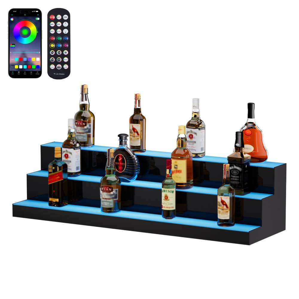 VEVOR LED Lighted Liquor Bottle Display, 3 Tiers 40 Inch Commercial Illuminated Home Bar Shelf, 3 Steps Whiskey Rack