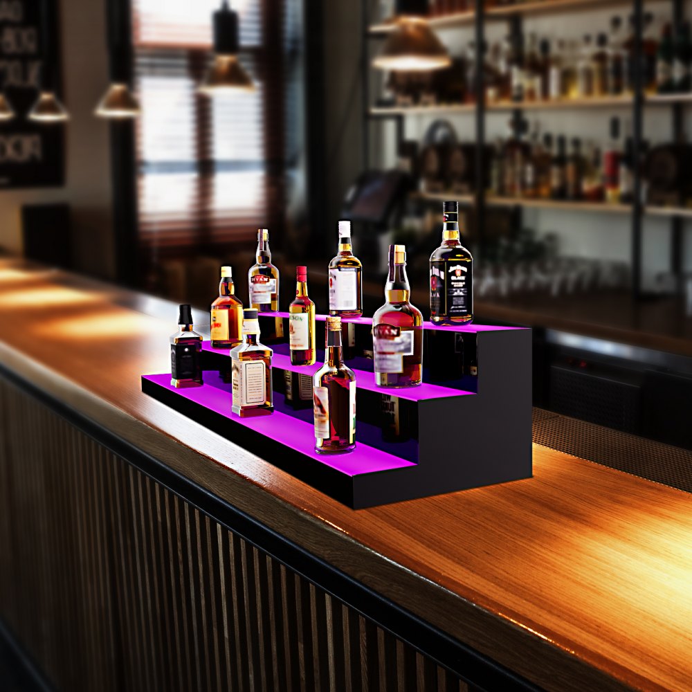 VEVOR LED Lighted Liquor Bottle Display, 3 Tiers 60 Inch Commercial Illuminated Home Bar Shelf, 3 Steps Whiskey Rack