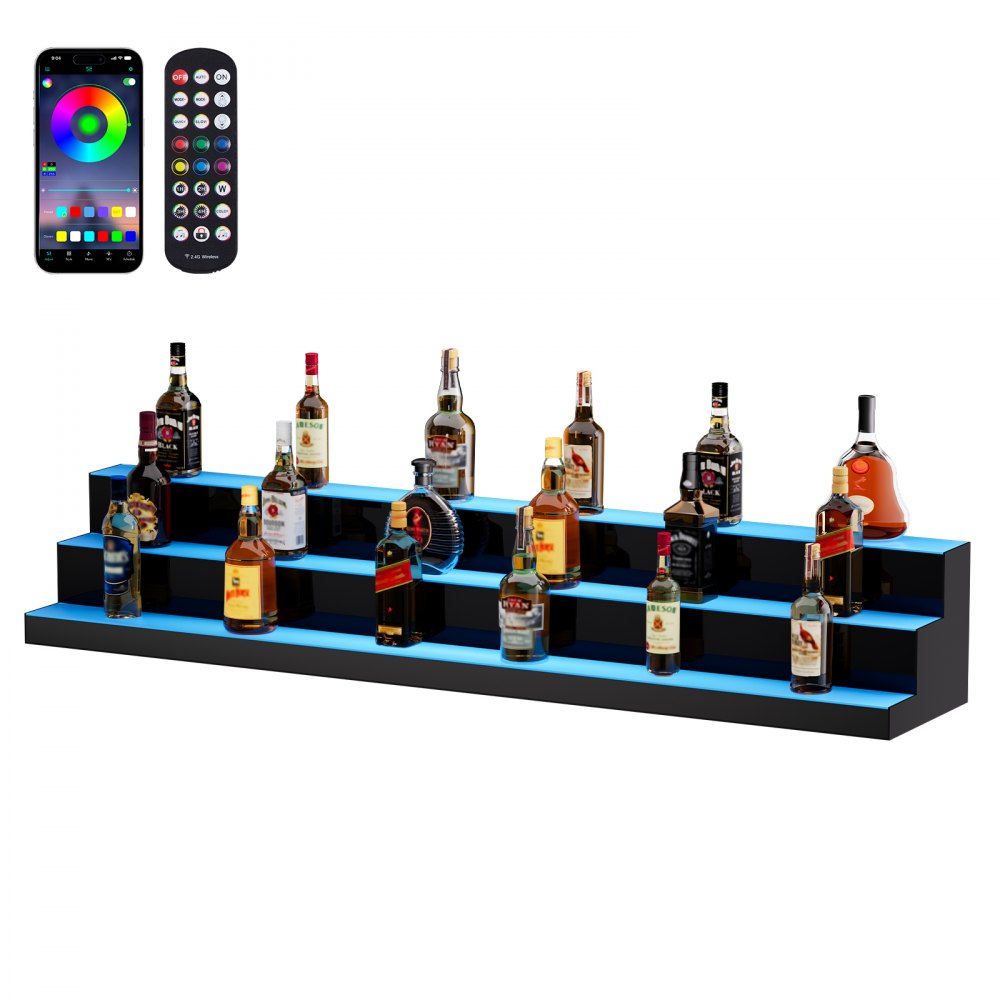 VEVOR LED Lighted Liquor Bottle Display, 3 Tiers 60 Inch Commercial Illuminated Home Bar Shelf, 3 Steps Whiskey Rack