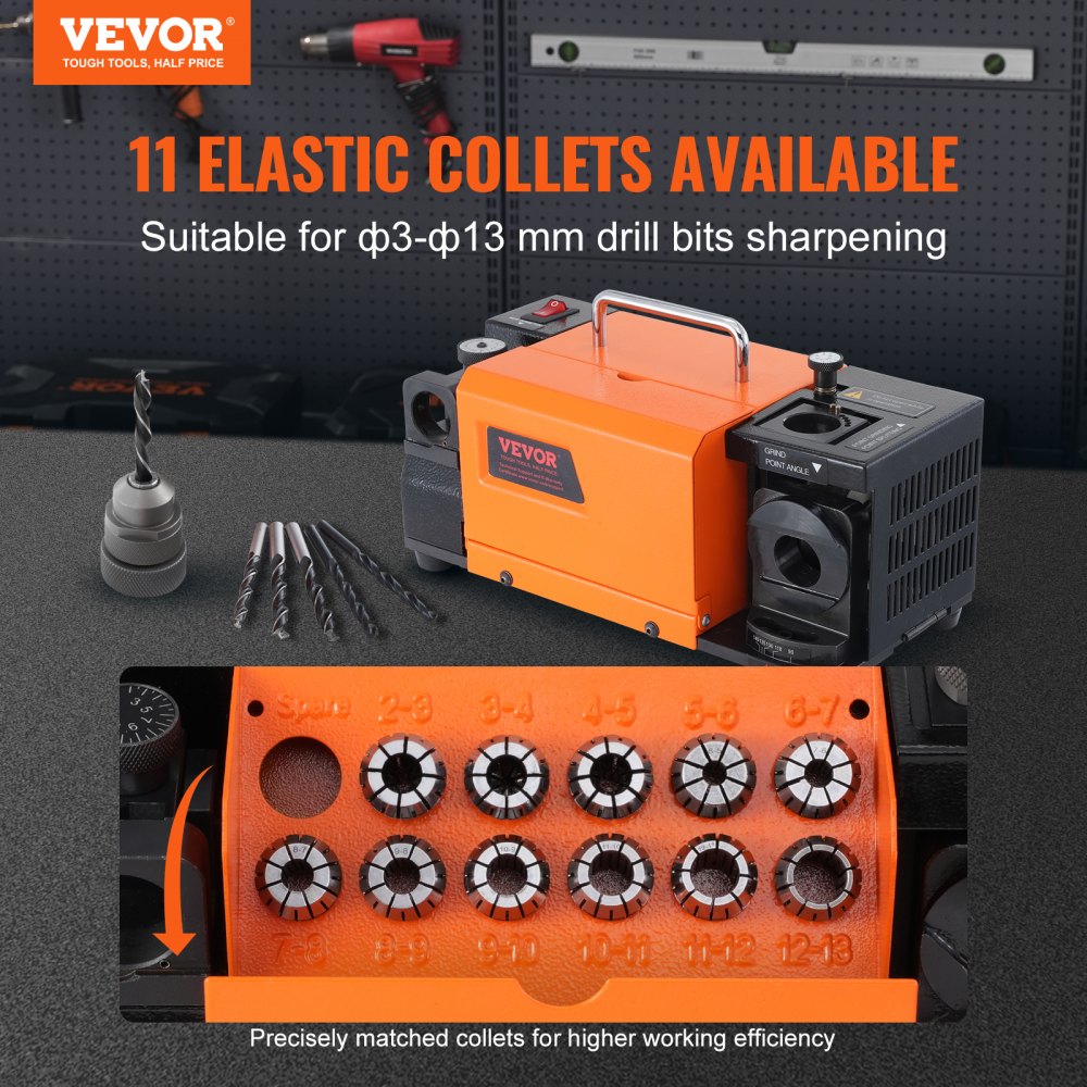 VEVOR Drill Bits Sharpener, 3-13mm Drill Bits Grinder Sharpener, Lip Relief Angle & 95°-135° Point Angle Adjustable