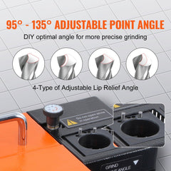 VEVOR Drill Bits Sharpener, 3-13mm Drill Bits Grinder Sharpener, Lip Relief Angle & 95°-135° Point Angle Adjustable