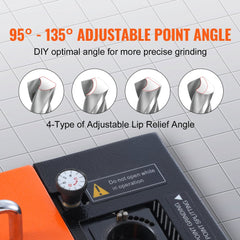VEVOR Drill Bits Sharpener, 3-20mm End Mill Grinder Sharpener, Lip Relief Angle & 95°-135° Point Angle Adjustable Drill