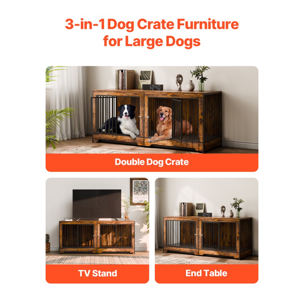 VEVOR 75" Dog Crate Furniture for 2 Dogs, Extra Large Double Dog Crate Furniture Large Breed with Divider & Double