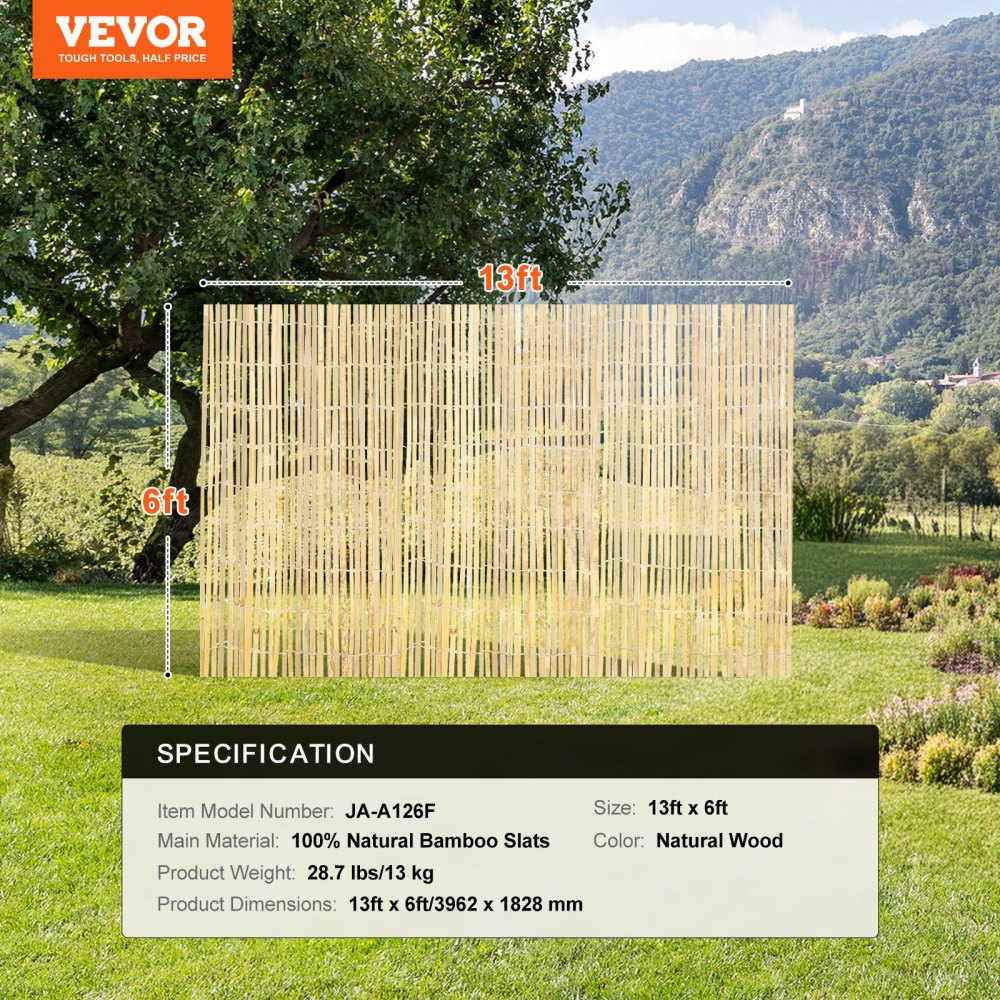 VEVOR Natural Bamboo Fence Privacy Screen, Eco-Friendly Privacy Bamboo Slat Fence, 6 ft H x 13 ft L Decorative Bamboo