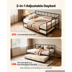 VEVOR Full Size Daybed with Pop Up Trundle Twin Size Metal Day Bed Frame, for Living Room Bedroom Guest Room, Sturdy