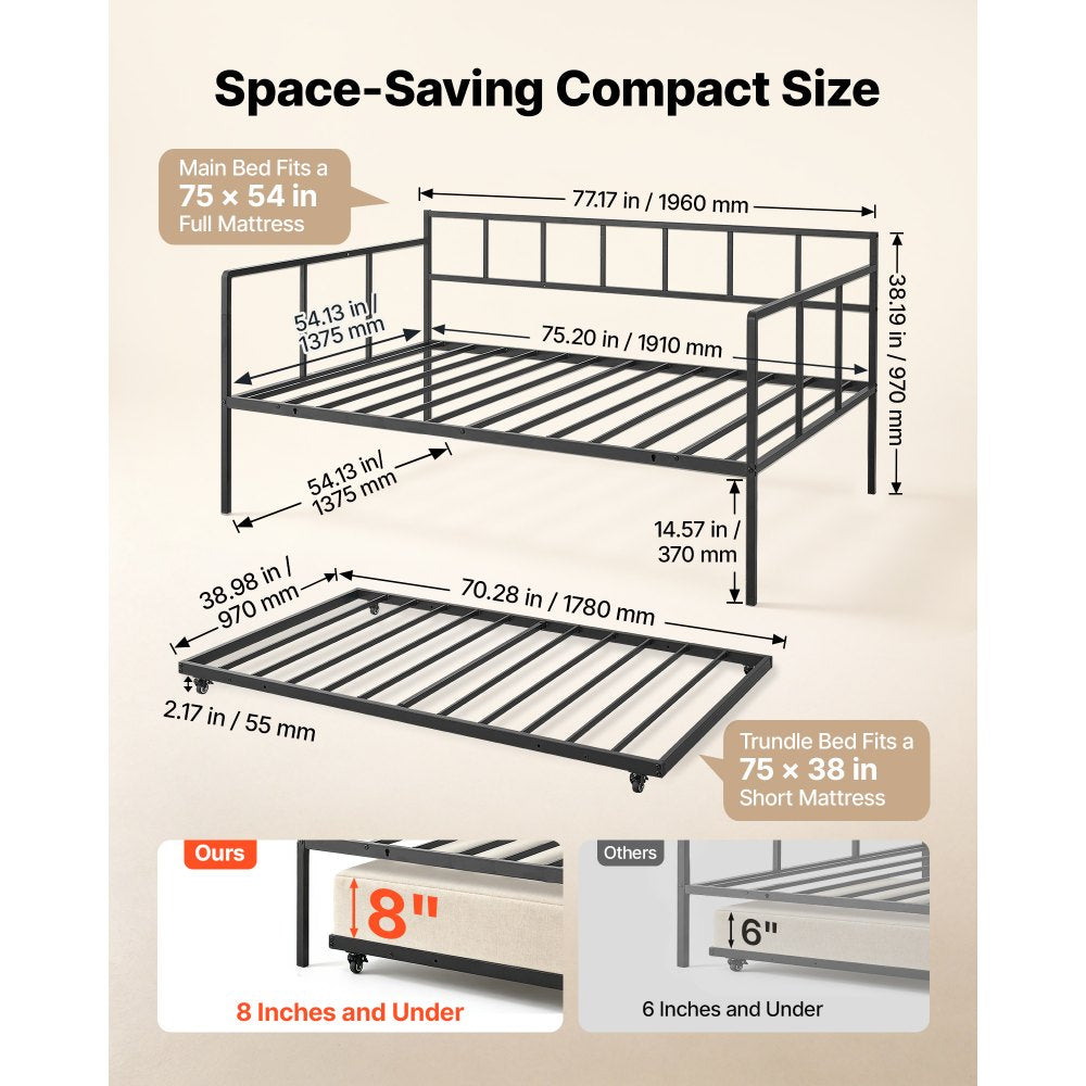 VEVOR Full Size Daybed with Pop Up Trundle Twin Size Metal Day Bed Frame, for Living Room Bedroom Guest Room, Sturdy