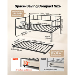 VEVOR Full Size Daybed with Pop Up Trundle Twin Size Metal Day Bed Frame, for Living Room Bedroom Guest Room, Sturdy