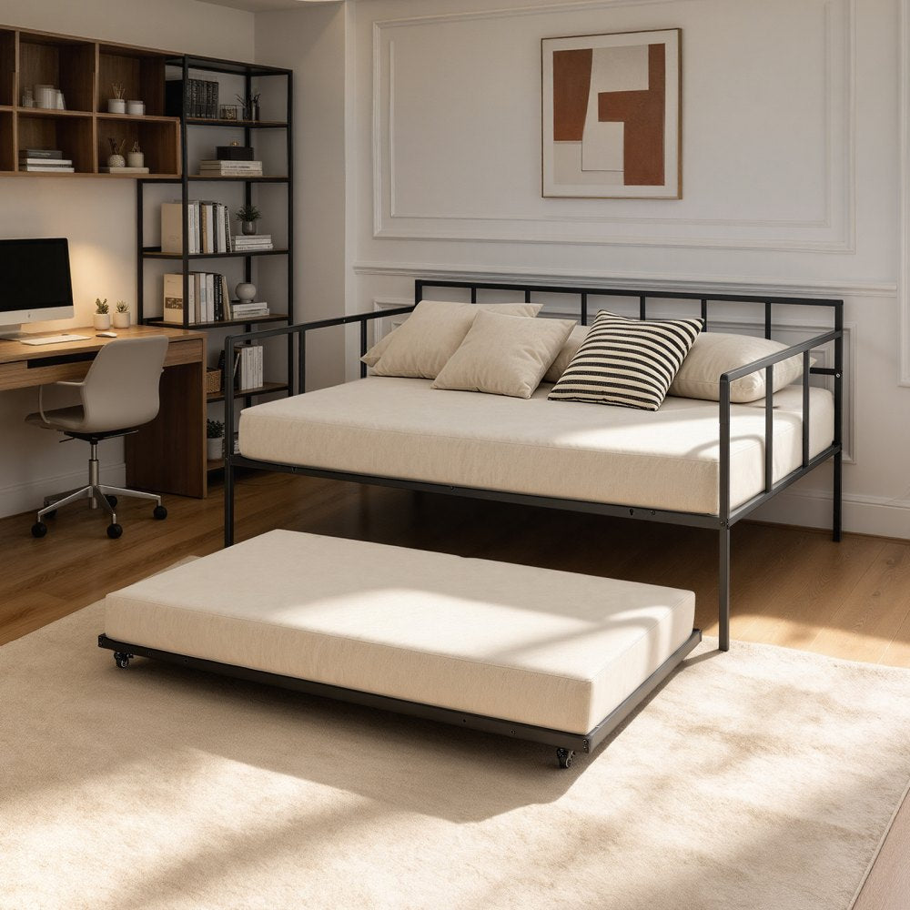 VEVOR Full Size Daybed with Pop Up Trundle Twin Size Metal Day Bed Frame, for Living Room Bedroom Guest Room, Sturdy