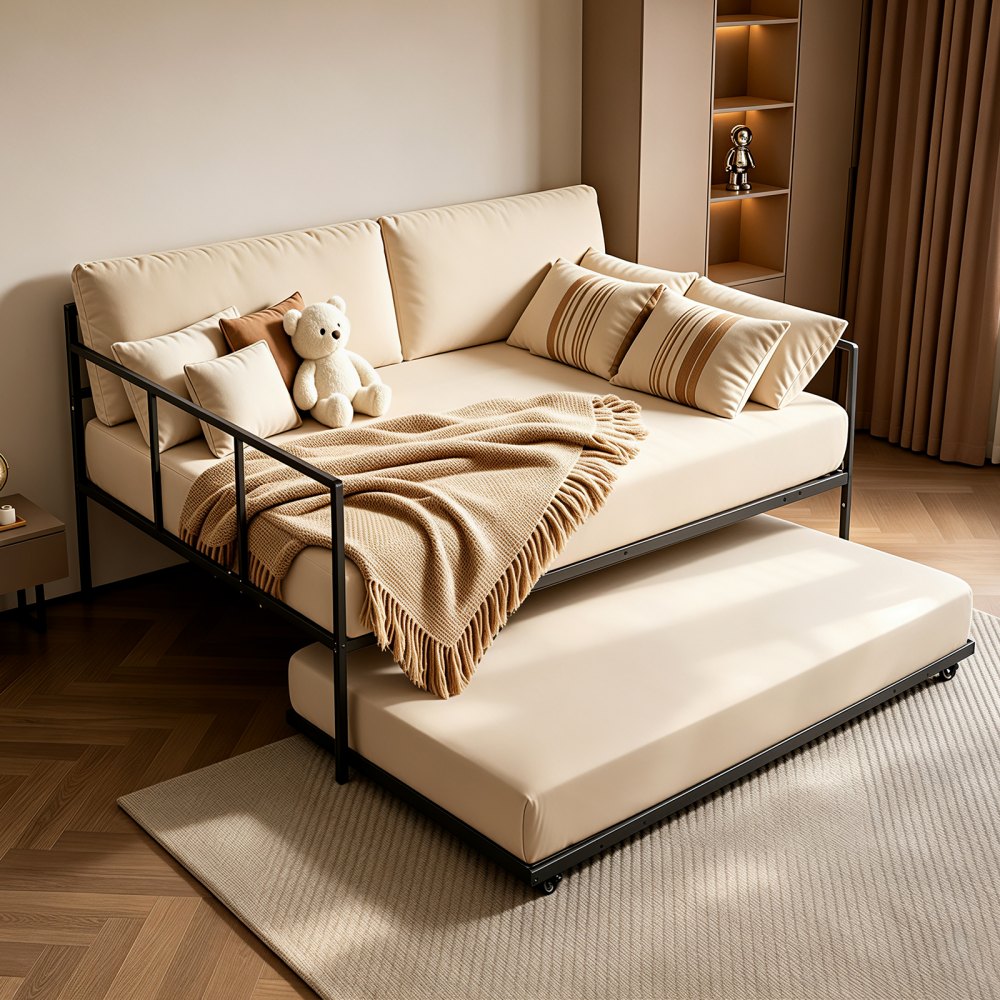 VEVOR Full Size Daybed with Pop Up Trundle Twin Size Metal Day Bed Frame, for Living Room Bedroom Guest Room, Sturdy