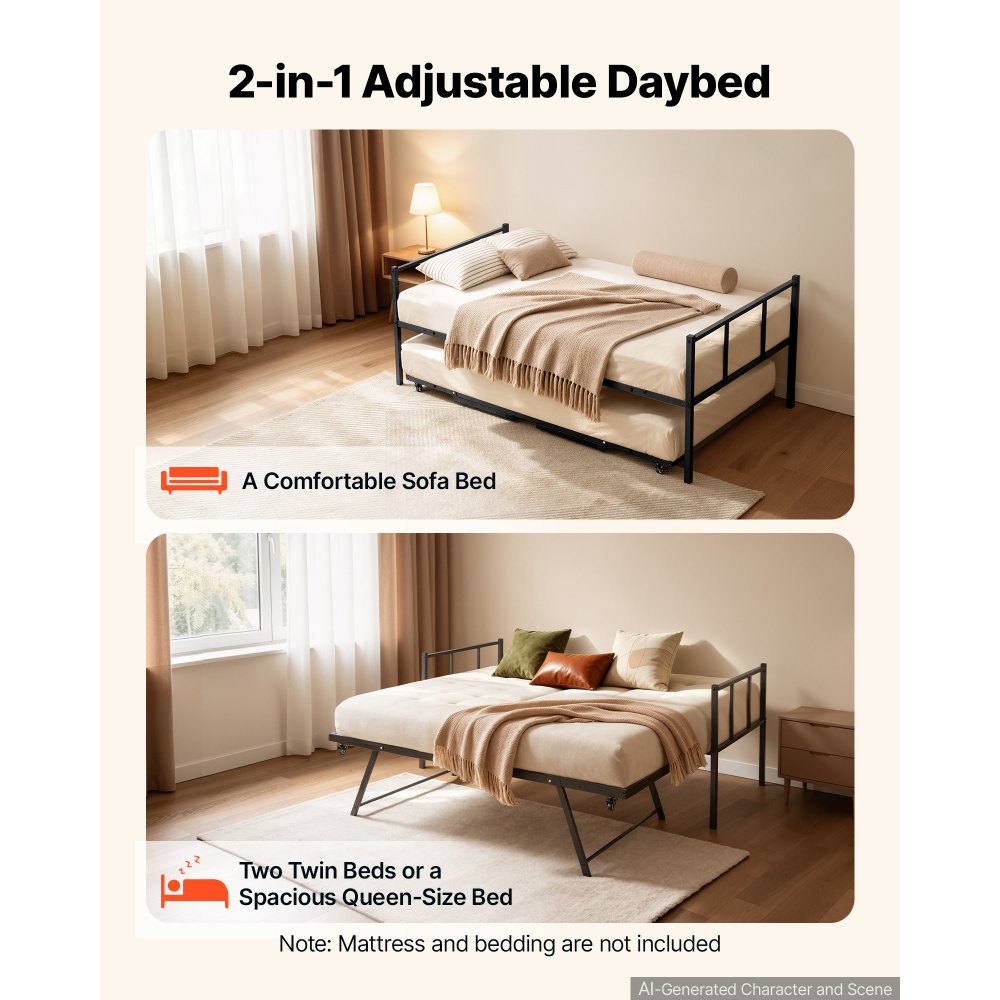 VEVOR Twin Daybed with Pop Up Trundle Metal Twin Daybed Frame Rectangular, for Living Room Bedroom Guest Room, Space