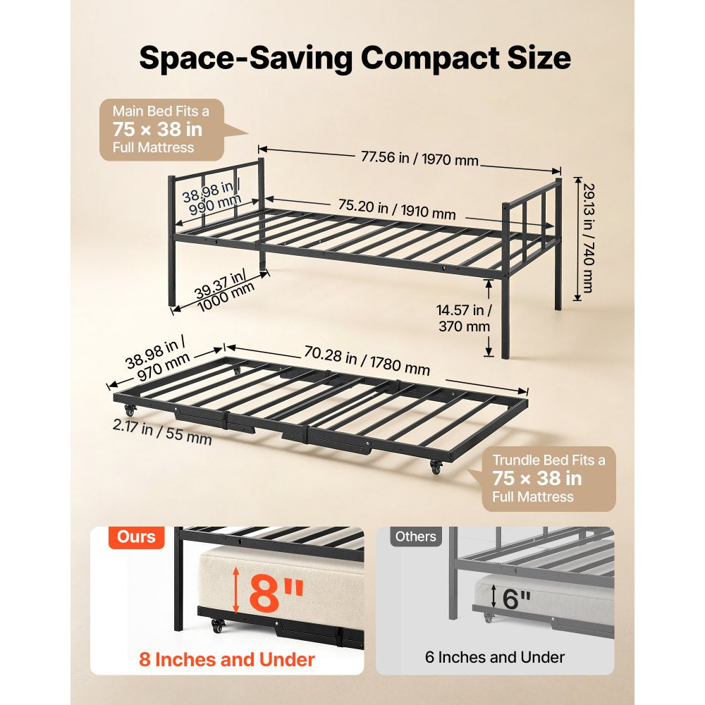 VEVOR Twin Daybed with Pop Up Trundle Metal Twin Daybed Frame Rectangular, for Living Room Bedroom Guest Room, Space