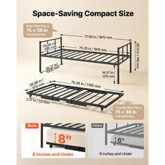 VEVOR Twin Daybed with Pop Up Trundle Metal Twin Daybed Frame Rectangular, for Living Room Bedroom Guest Room, Space