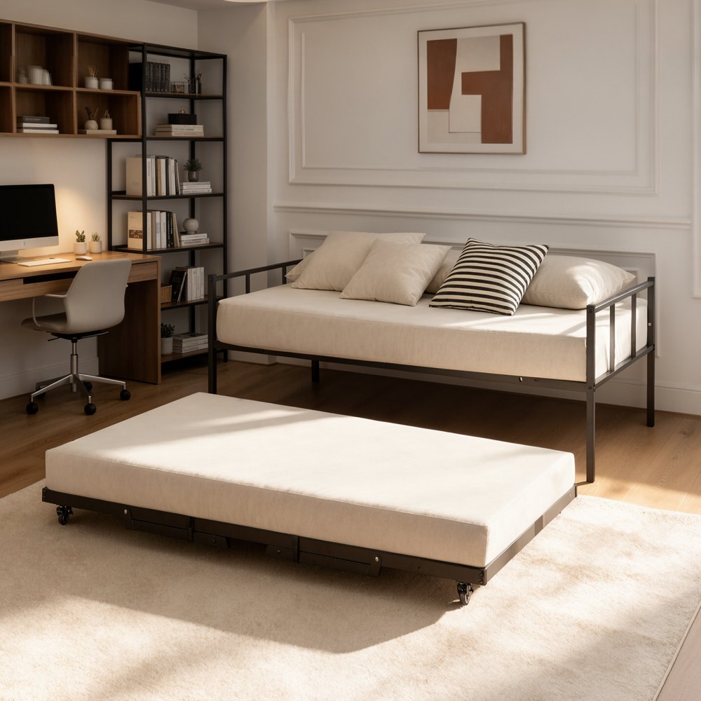 VEVOR Twin Daybed with Pop Up Trundle Metal Twin Daybed Frame Rectangular, for Living Room Bedroom Guest Room, Space