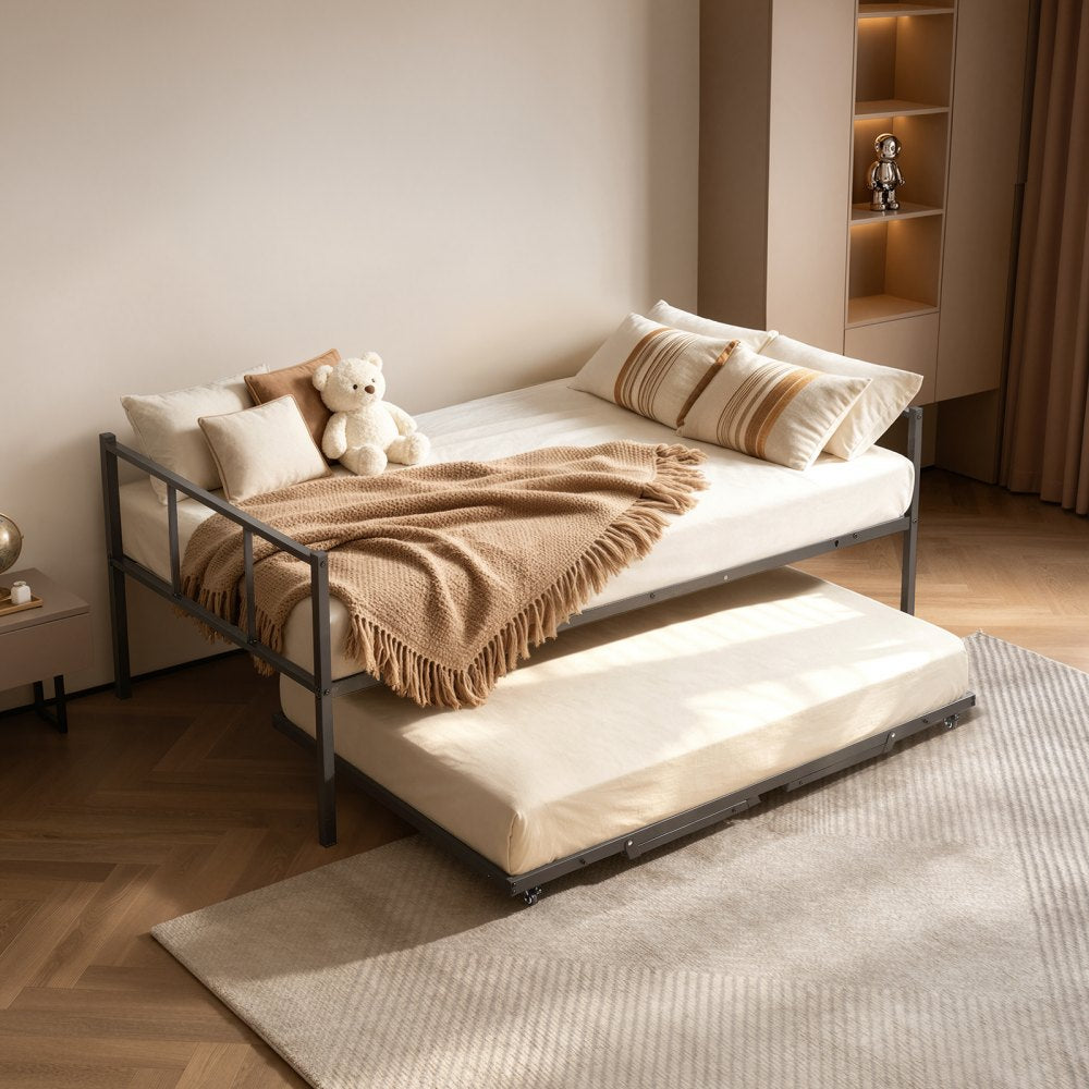 VEVOR Twin Daybed with Pop Up Trundle Metal Twin Daybed Frame Rectangular, for Living Room Bedroom Guest Room, Space