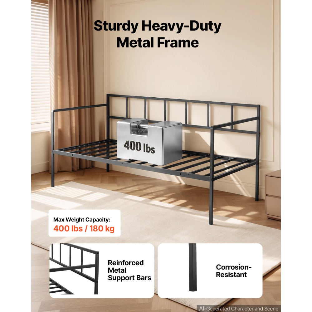 VEVOR Twin Daybed Metal Twin Size Day Bed Frame with Under-Bed Storage, for Living Room Bedroom Guest Room, Space