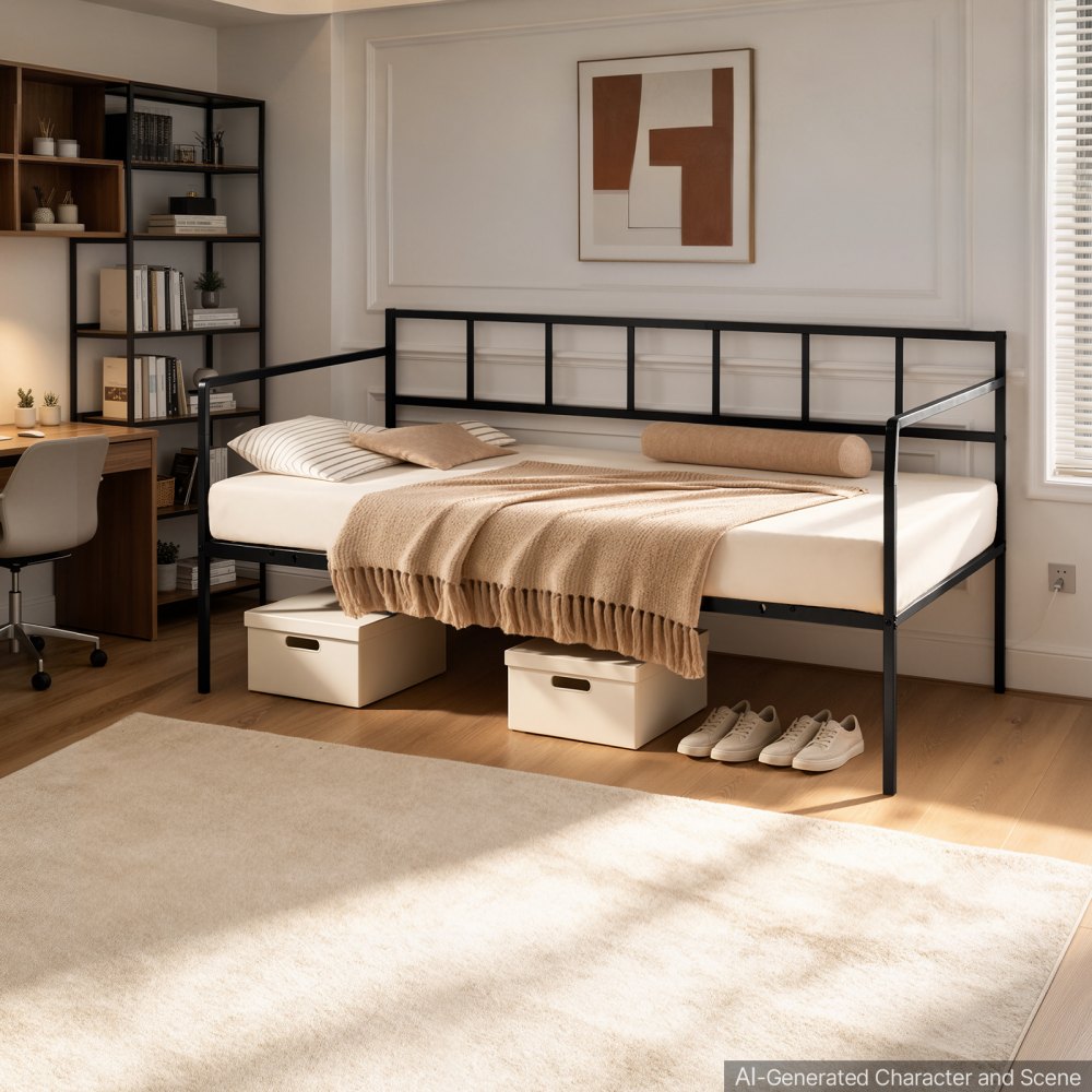 VEVOR Twin Daybed Metal Twin Size Day Bed Frame with Under-Bed Storage, for Living Room Bedroom Guest Room, Space