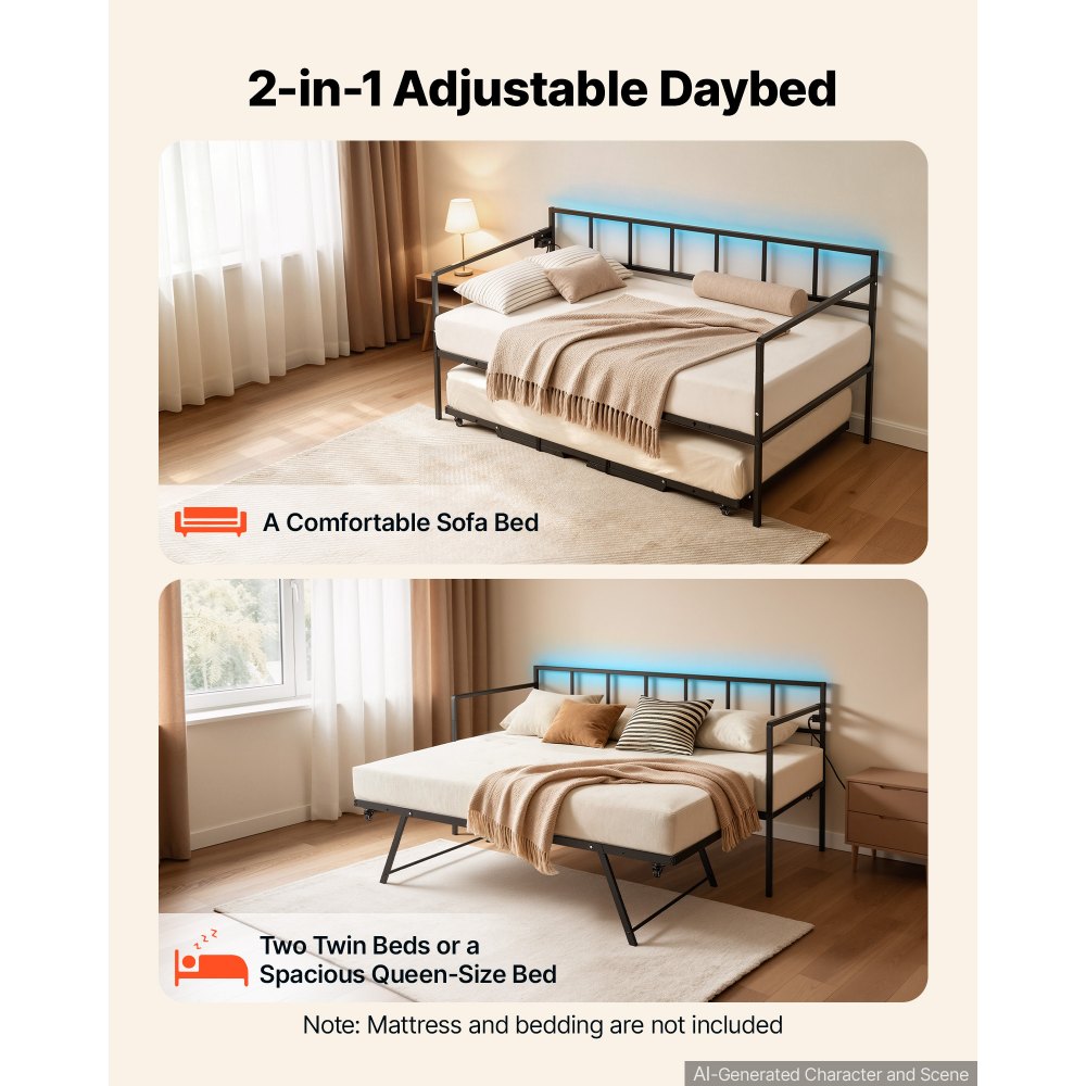 VEVOR Twin Daybed with Pop Up Trundle Metal Charging Station LED Light, for Living Room Bedroom Guest Room, Heavy Duty