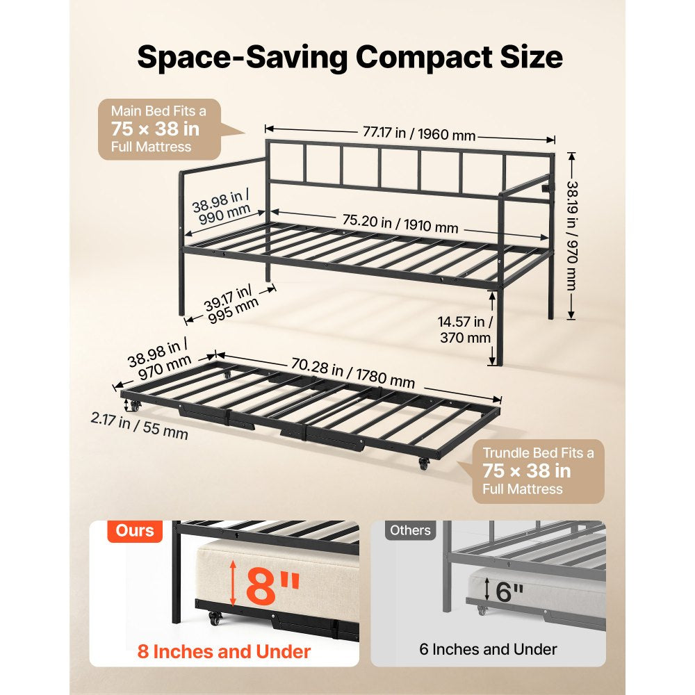VEVOR Twin Daybed with Pop Up Trundle Metal Charging Station LED Light, for Living Room Bedroom Guest Room, Heavy Duty