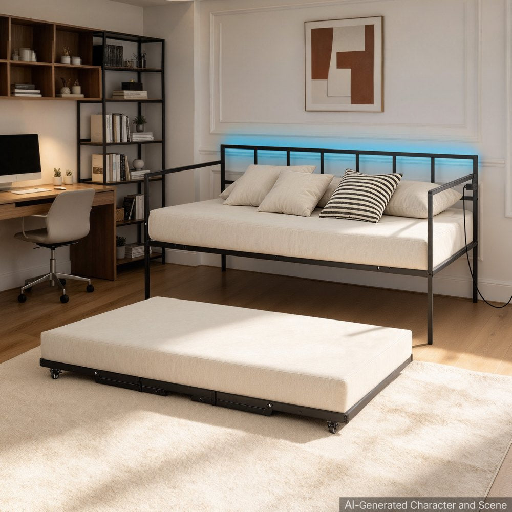VEVOR Twin Daybed with Pop Up Trundle Metal Charging Station LED Light, for Living Room Bedroom Guest Room, Heavy Duty