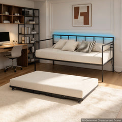 VEVOR Twin Daybed with Pop Up Trundle Metal Charging Station LED Light, for Living Room Bedroom Guest Room, Heavy Duty