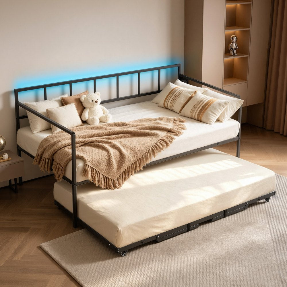 VEVOR Twin Daybed with Pop Up Trundle Metal Charging Station LED Light, for Living Room Bedroom Guest Room, Heavy Duty