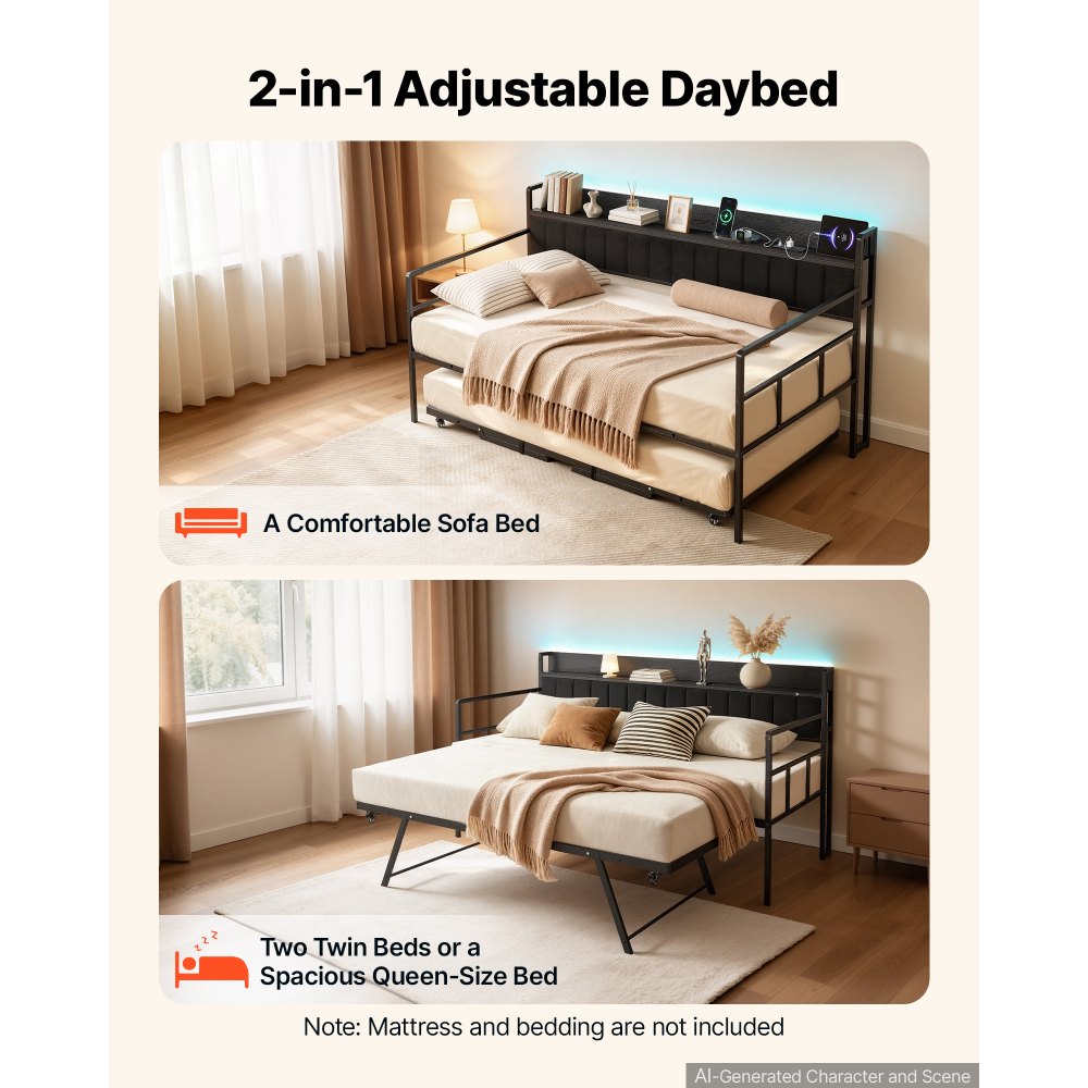 VEVOR Twin Daybed with Pop Up Trundle Bed Frame Charging Station LED Light, for Living Room Bedroom Guest Room, Heavy