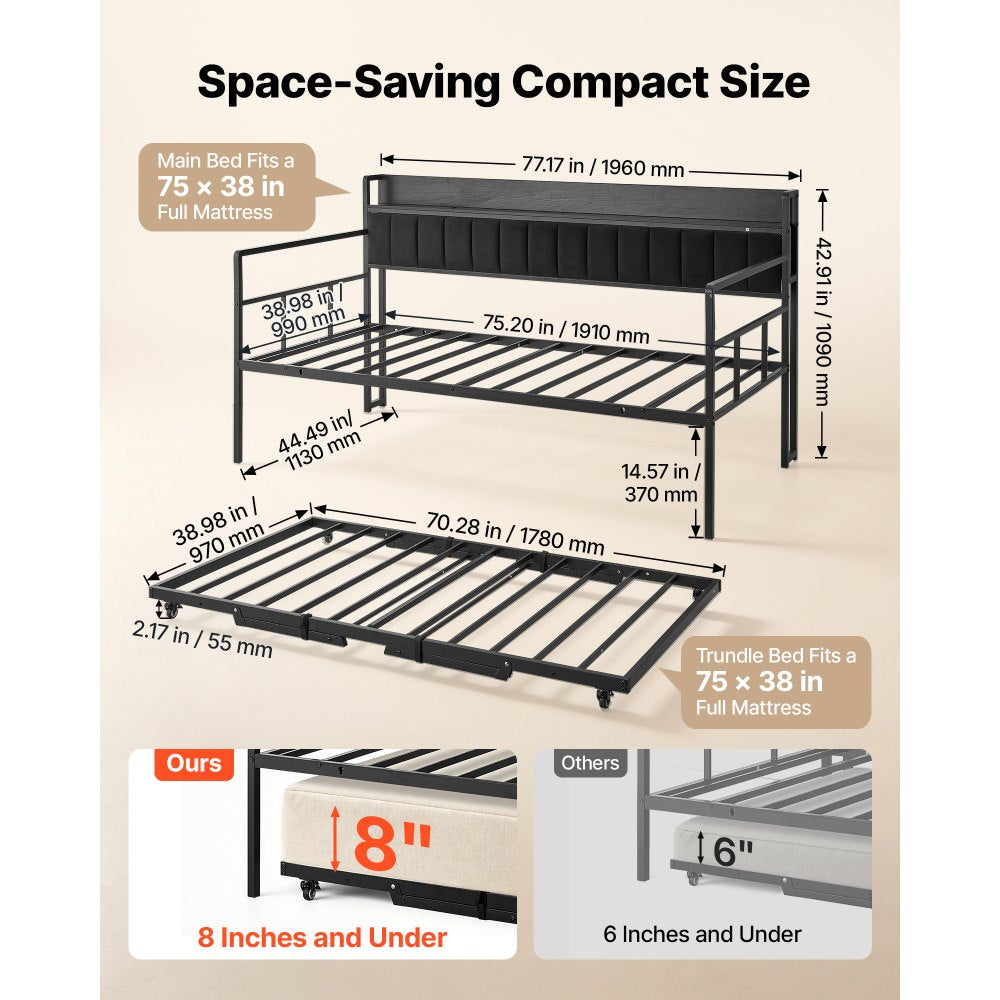 VEVOR Twin Daybed with Pop Up Trundle Bed Frame Charging Station LED Light, for Living Room Bedroom Guest Room, Heavy