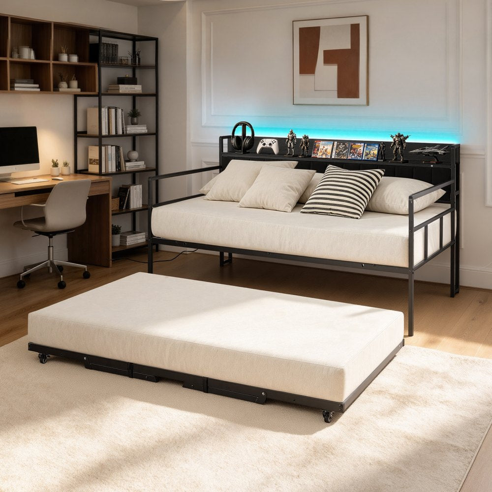 VEVOR Twin Daybed with Pop Up Trundle Bed Frame Charging Station LED Light, for Living Room Bedroom Guest Room, Heavy