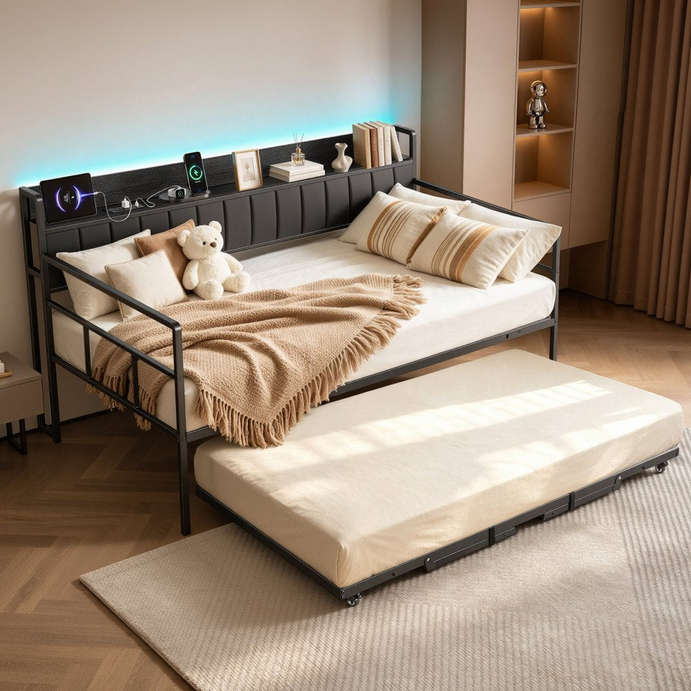 VEVOR Twin Daybed with Pop Up Trundle Bed Frame Charging Station LED Light, for Living Room Bedroom Guest Room, Heavy