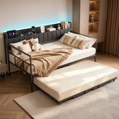 VEVOR Twin Daybed with Pop Up Trundle Bed Frame Charging Station LED Light, for Living Room Bedroom Guest Room, Heavy