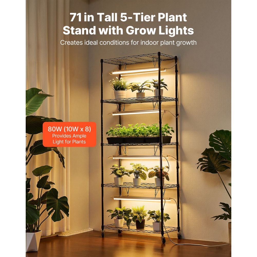 VEVOR Plant Shelf with Grow Light, 5-Tier Indoor Plant Stand, 71 in Tall Plants Display Rack with Wheels & 4/9/14H