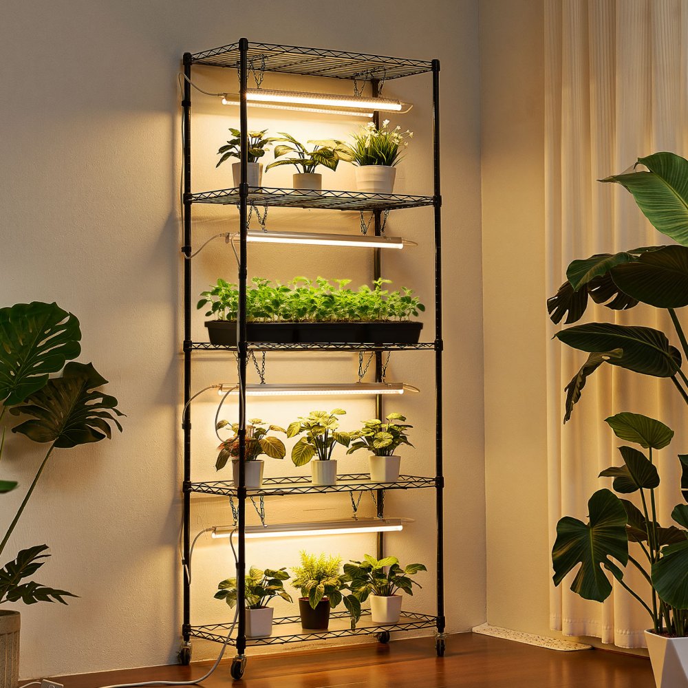 VEVOR Plant Shelf with Grow Light, 5-Tier Indoor Plant Stand, 71 in Tall Plants Display Rack with Wheels & 4/9/14H