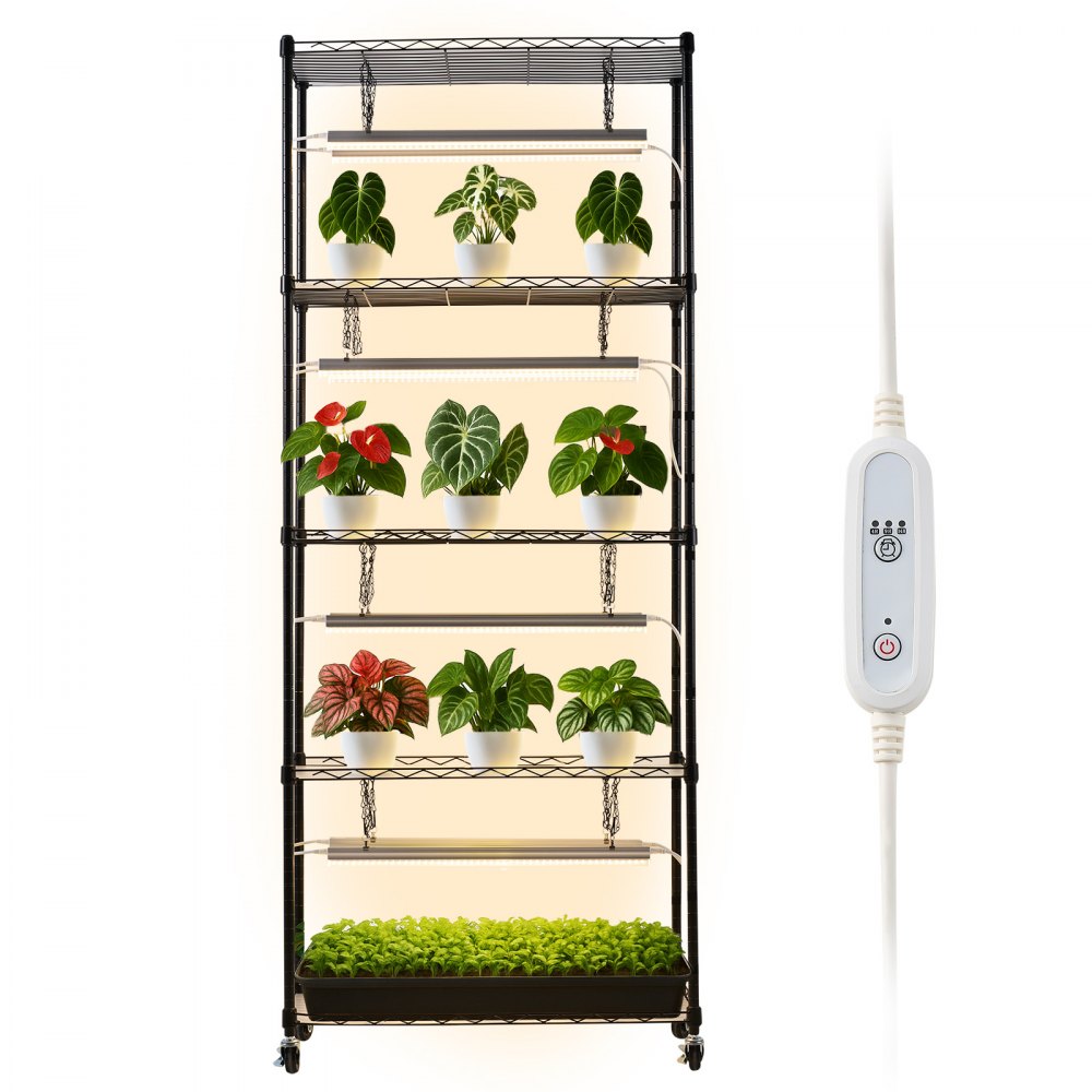 VEVOR Plant Shelf with Grow Light, 5-Tier Indoor Plant Stand, 71 in Tall Plants Display Rack with Wheels & 4/9/14H