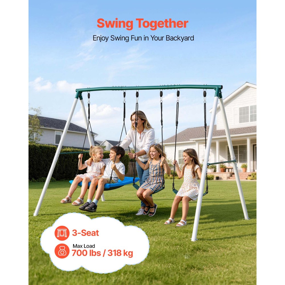 VEVOR Swing Set for Backyard, 45 x 30 in Swing Seat and Two Belt Seats, with Heavy Duty A-Frame Metal Stand, 700 lbs
