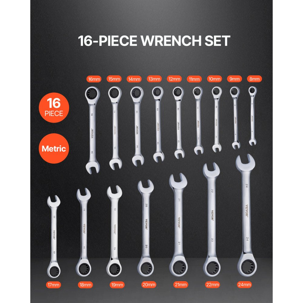 VEVOR Combination Wrench Set, 16-Piece Ratcheting Wrench Set with Organizer Rack, Cr-V Steel Wrench Set Metric 8 mm to