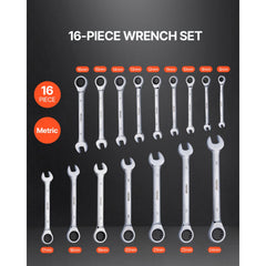 VEVOR Combination Wrench Set, 16-Piece Ratcheting Wrench Set with Organizer Rack, Cr-V Steel Wrench Set Metric 8 mm to