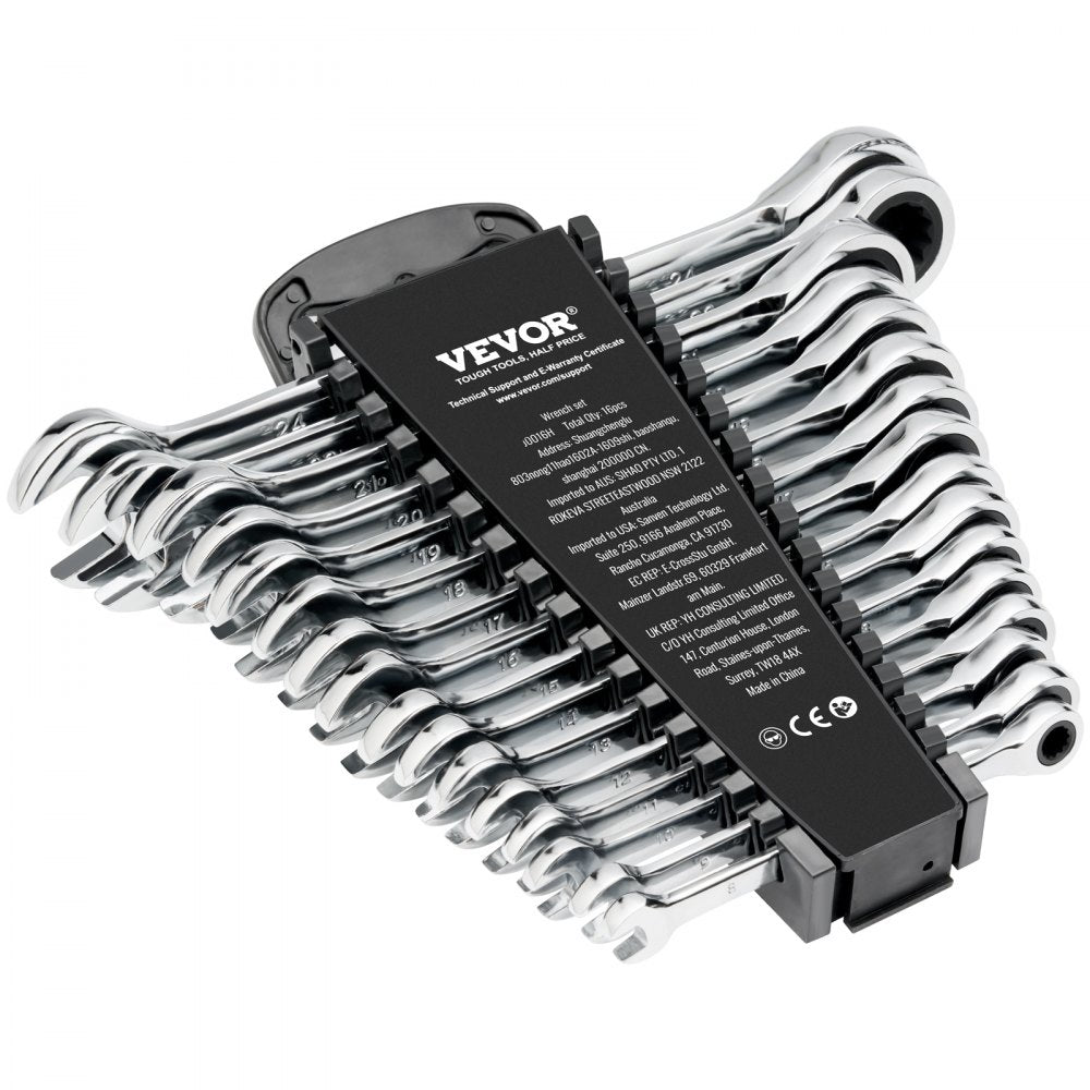 VEVOR Combination Wrench Set, 16-Piece Ratcheting Wrench Set with Organizer Rack, Cr-V Steel Wrench Set Metric 8 mm to