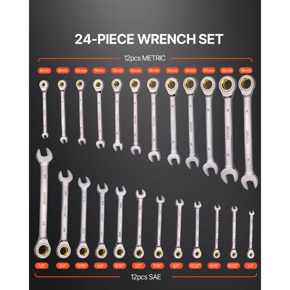 VEVOR Combination Wrench Set, 24-Piece Ratcheting Wrench Set with Organizer Rack, Cr-V Steel Wrench Set SAE 1/4" to
