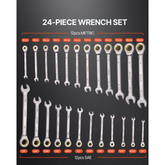 VEVOR Combination Wrench Set, 24-Piece Ratcheting Wrench Set with Organizer Rack, Cr-V Steel Wrench Set SAE 1/4" to