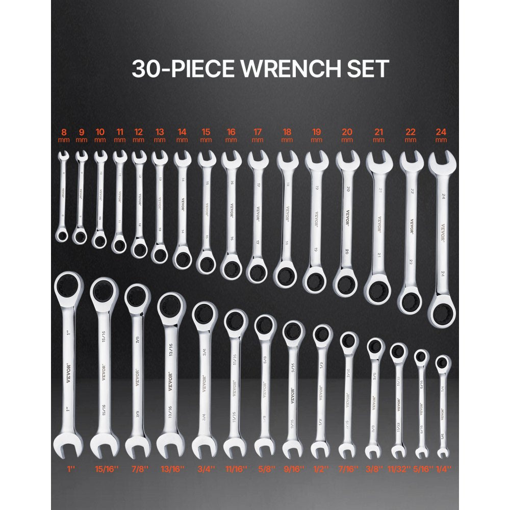 VEVOR Combination Wrench Set, 30-Piece Ratcheting Wrench Set with Organizer Rack, Cr-V Steel Wrench Set SAE 1/4" to 1"