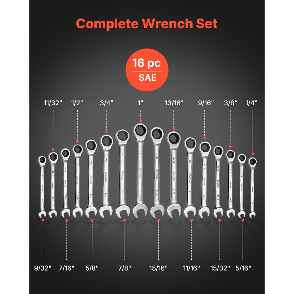 VEVOR Combination Wrench Set, 16-Piece SAE Sizes, 72 Teeth, Cr-V Steel Ratcheting Wrench Set, with Roll Up Pouch, Open