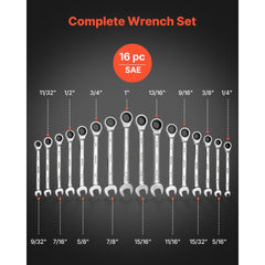 VEVOR Combination Wrench Set, 16-Piece SAE Sizes, 72 Teeth, Cr-V Steel Ratcheting Wrench Set, with Roll Up Pouch, Open