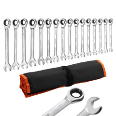 VEVOR Combination Wrench Set, 16-Piece SAE Sizes, 72 Teeth, Cr-V Steel Ratcheting Wrench Set, with Roll Up Pouch, Open