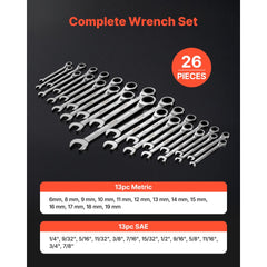 VEVOR Combination Wrench Set, 26-Piece SAE and Metric, 72 Teeth, Cr-V Steel Ratcheting Wrench Set, with Rack Organizer