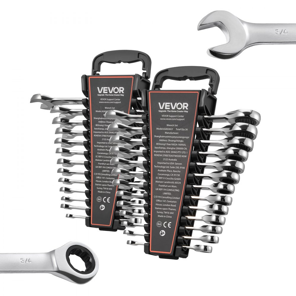 VEVOR Combination Wrench Set, 26-Piece SAE and Metric, 72 Teeth, Cr-V Steel Ratcheting Wrench Set, with Rack Organizer