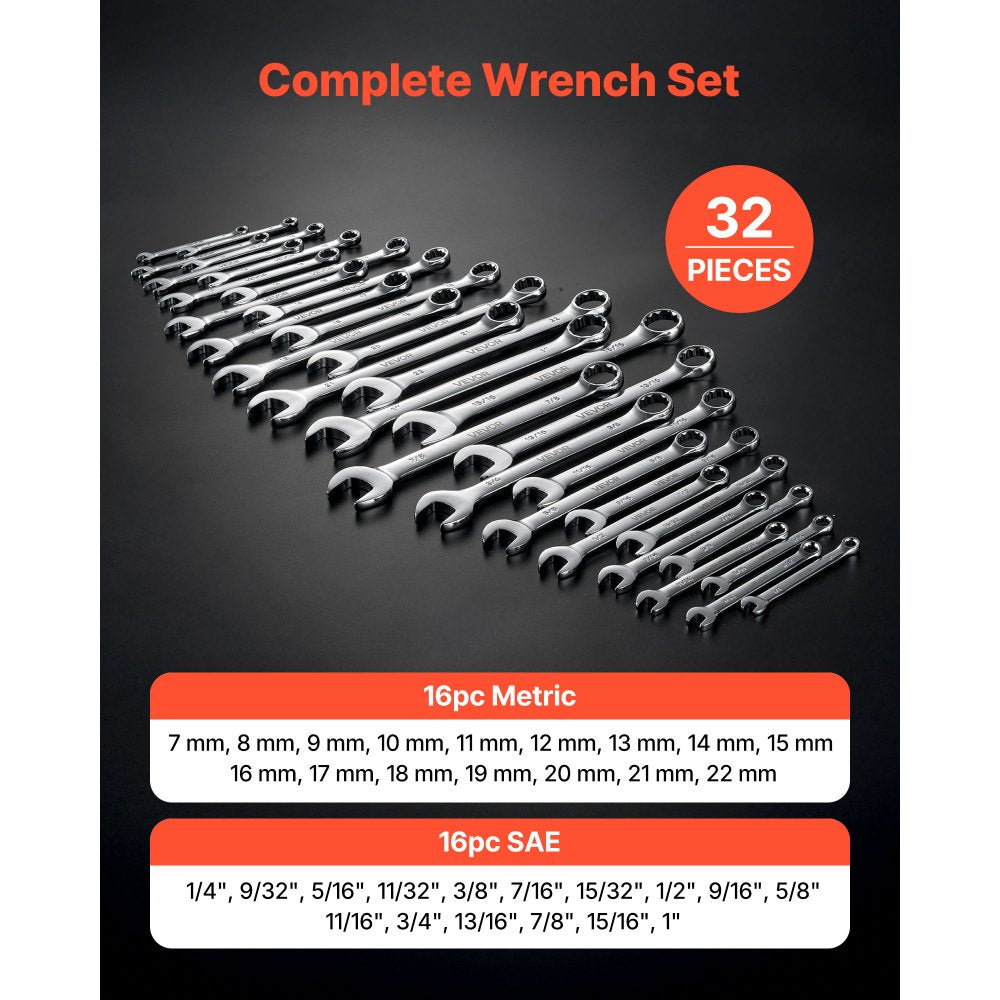 VEVOR Combination Wrench Set, 32-Piece SAE and Metric, 12-Point Box End and 15° Angled Open End Combination Wrenches