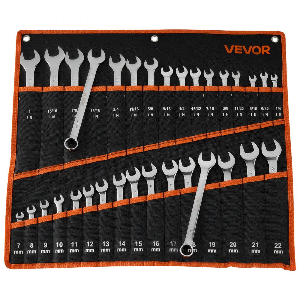 VEVOR Combination Wrench Set, 32-Piece SAE and Metric, 12-Point Box End and 15° Angled Open End Combination Wrenches